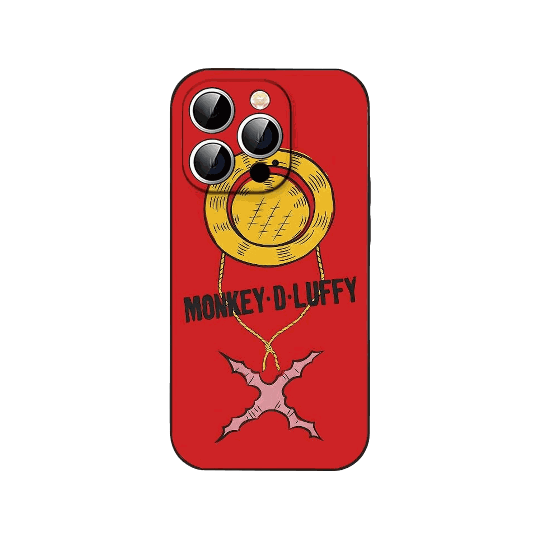 Coque iPhone One Piece illustrant un médaillon doré et le lettrage Monkey D. Luffy sur un aplat rouge