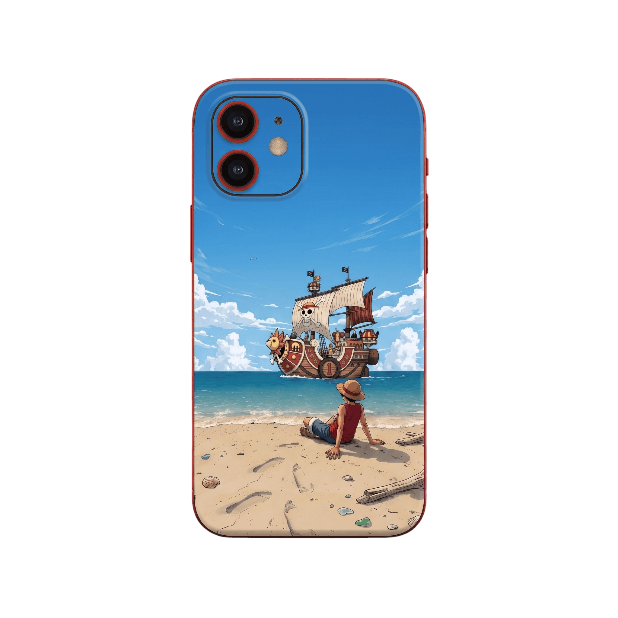 Coque iPhone One Piece illustrant Luffy assis sur une plage face au Thousand Sunny au large