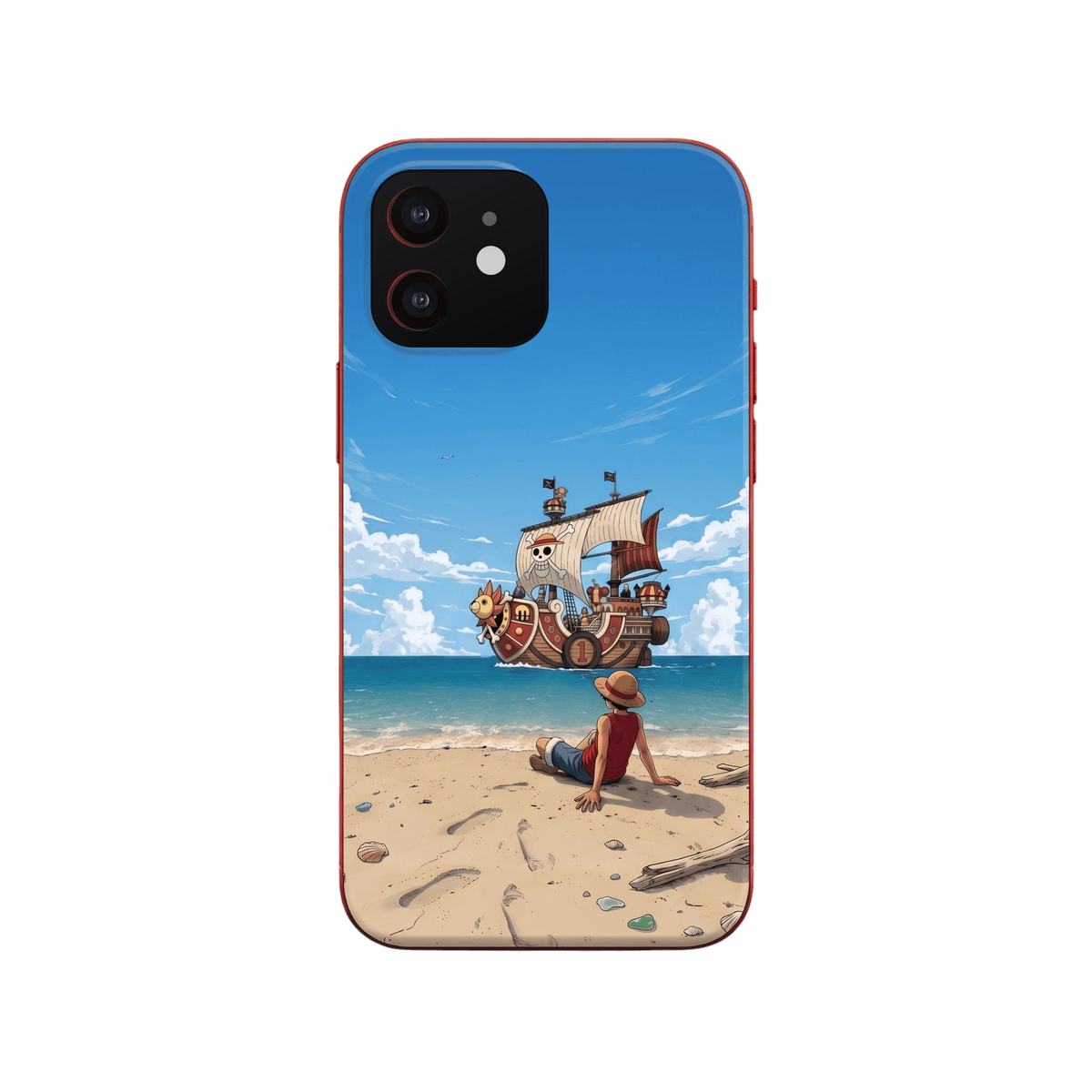 Coque iPhone One Piece illustrant Luffy assis sur une plage face au Thousand Sunny au large