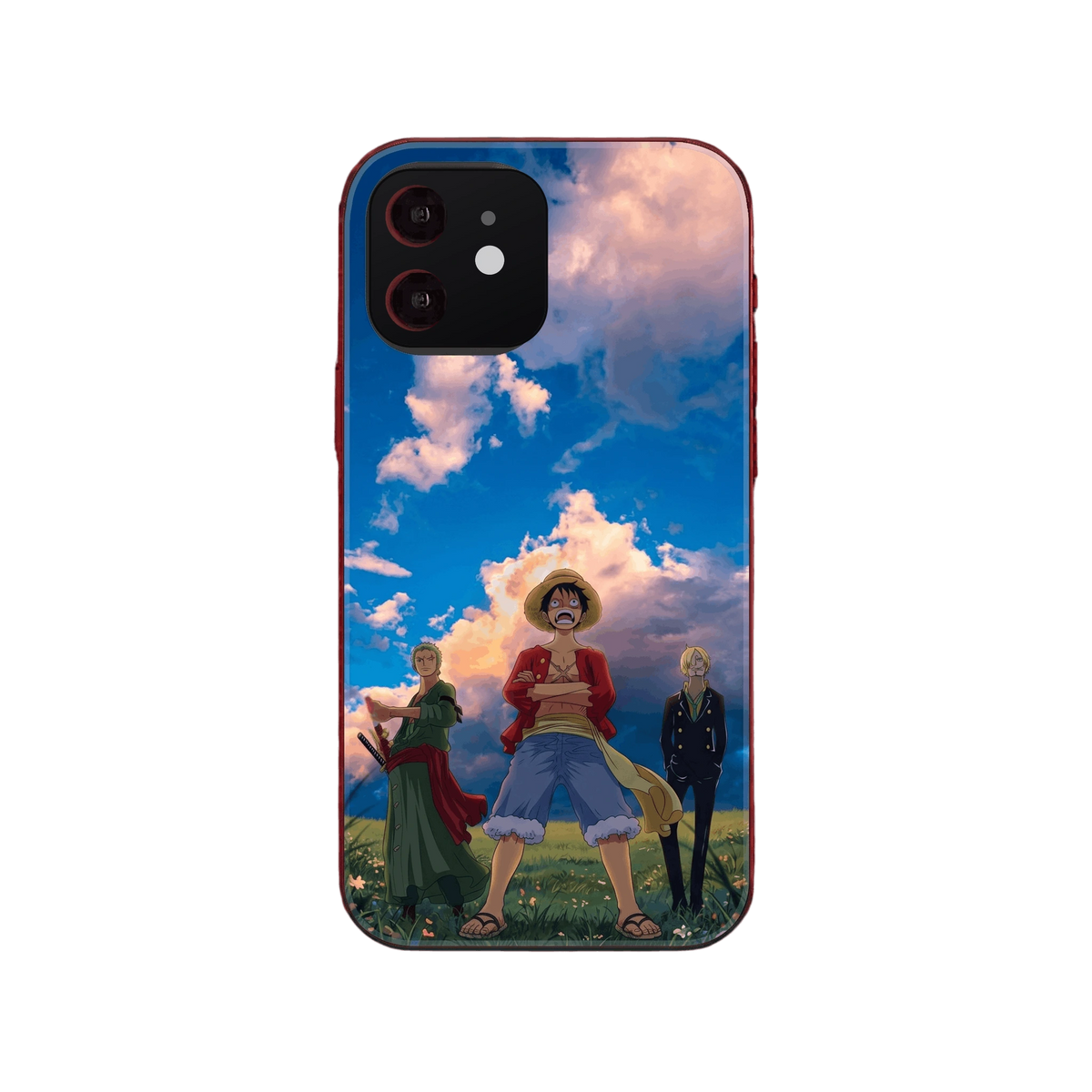 Coque iPhone One Piece illustrant Luffy, Zoro et Sanji debout dans une prairie en fleurs sous un ciel de cumulus au couchant