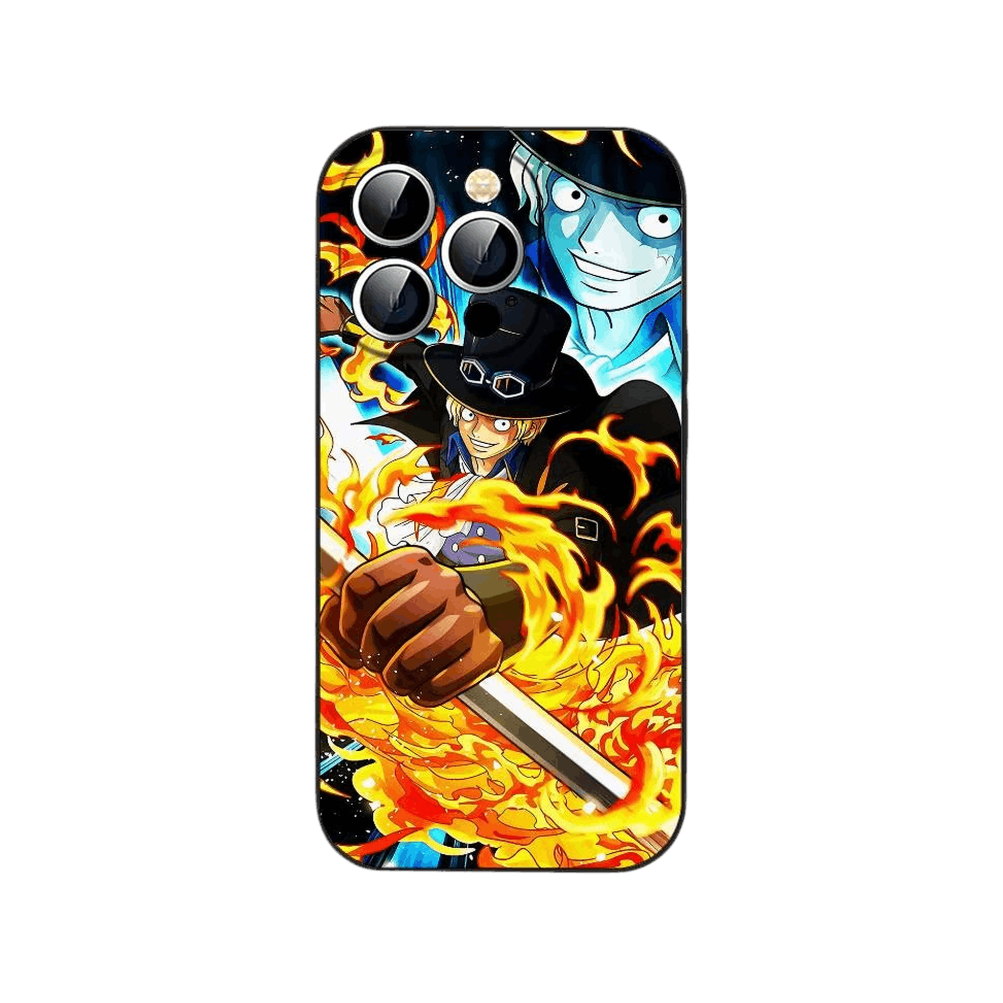 Coque iPhone One Piece illustrant barre de metal en main, flammes autour, fond bleu et jaune