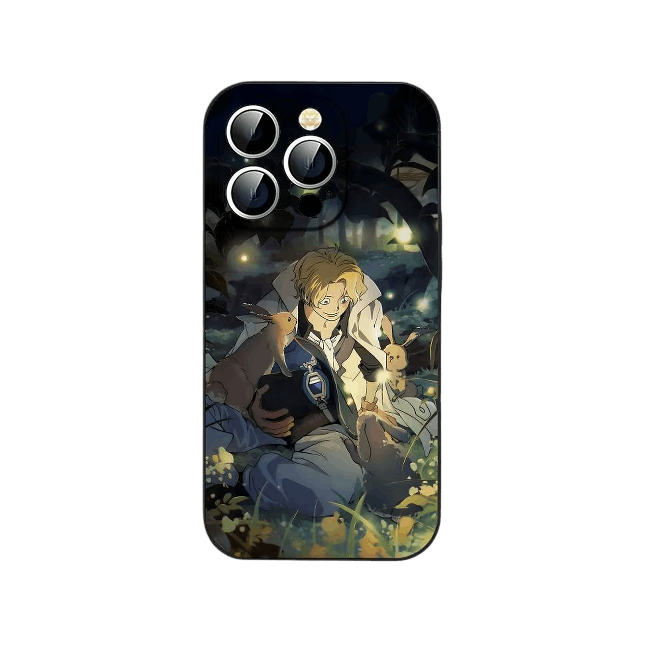 Coque iPhone One Piece illustrant assis dans une clairiere nocturne, entoure de petits lapins