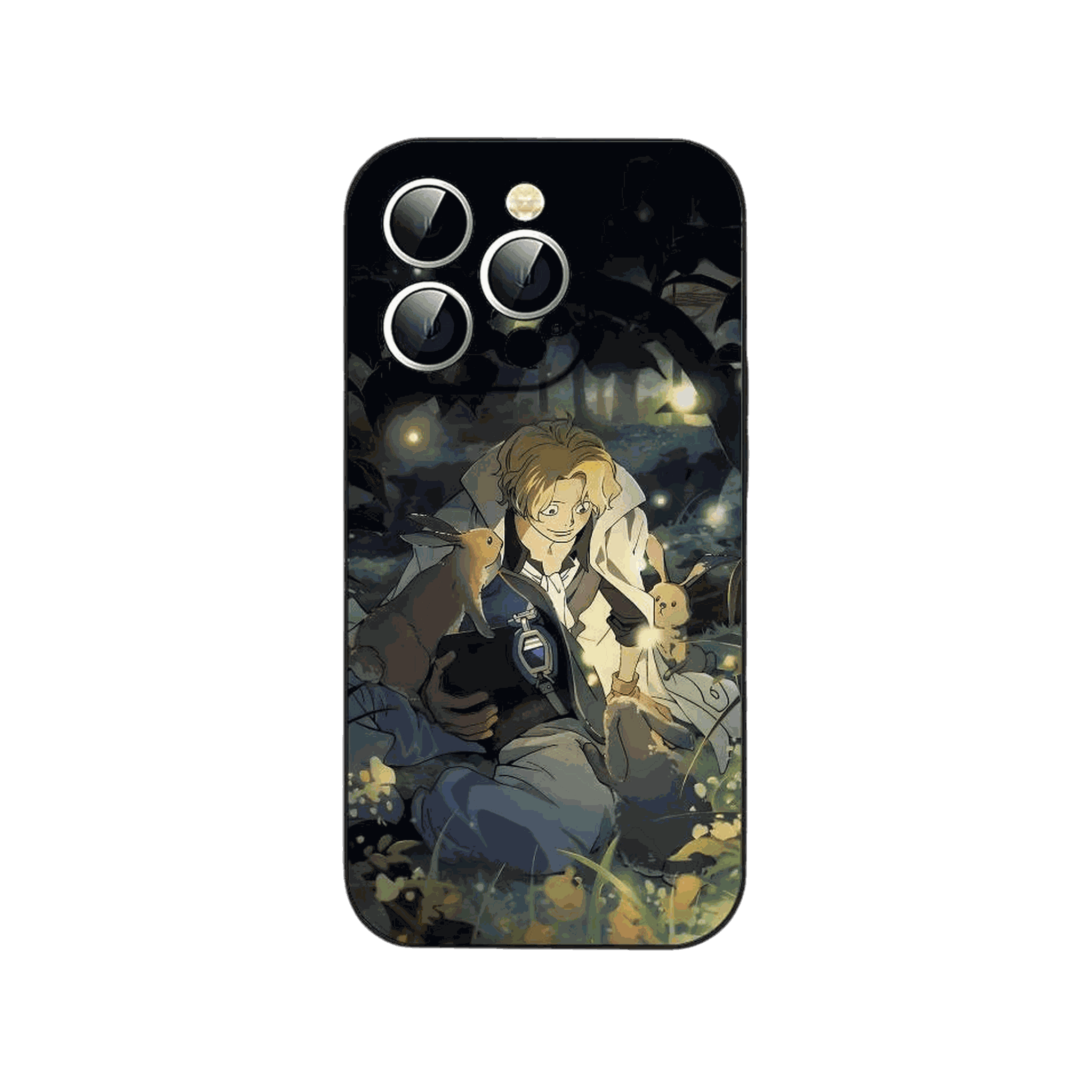 Coque iPhone One Piece illustrant assis dans une clairiere nocturne, entoure de petits lapins