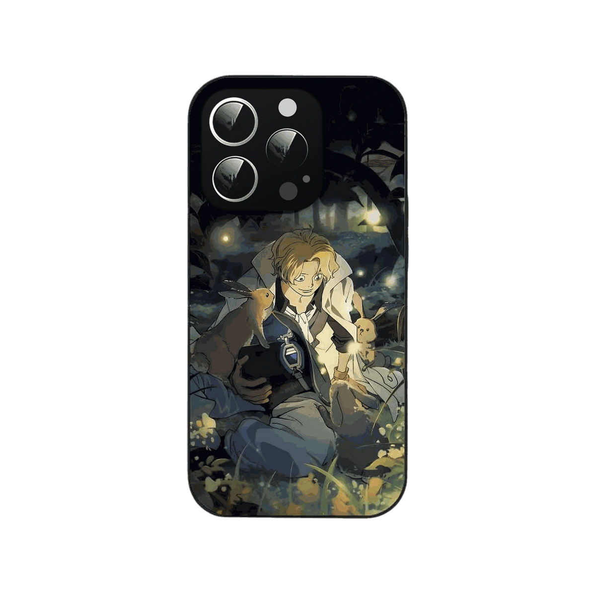 Coque iPhone One Piece illustrant assis dans une clairiere nocturne, entoure de petits lapins