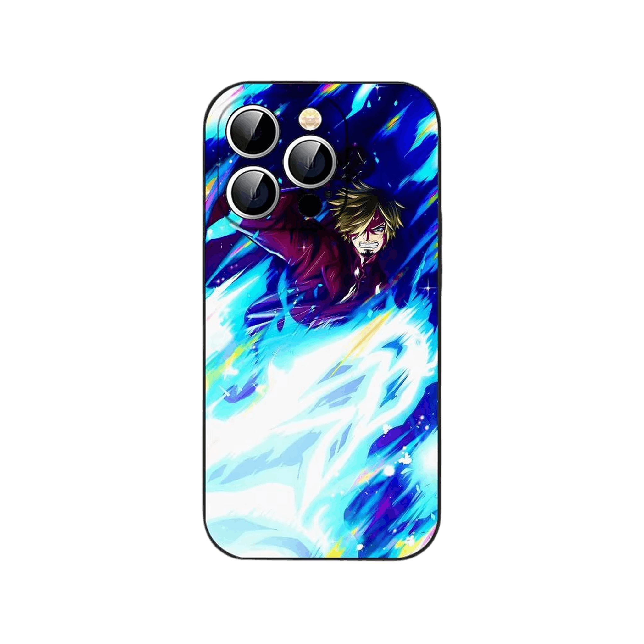 Coque iPhone One Piece illustrant Sanji au centre d une déflagration bleue et violette sur fond blanc