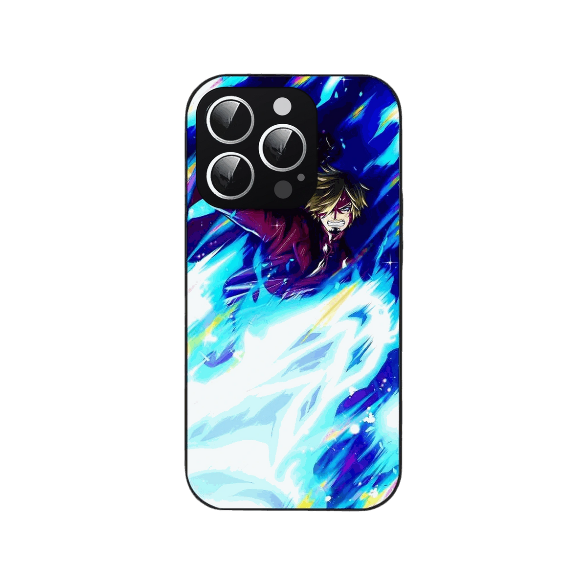 Coque iPhone One Piece illustrant Sanji au centre d une déflagration bleue et violette sur fond blanc