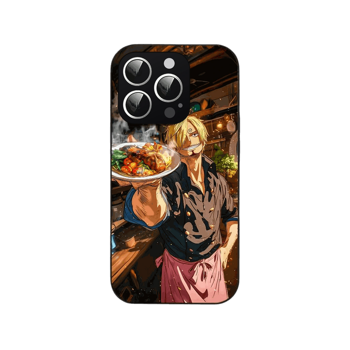 Coque iPhone One Piece illustrant Sanji en cuisinier portant une assiette dans un intérieur de bois éclairé