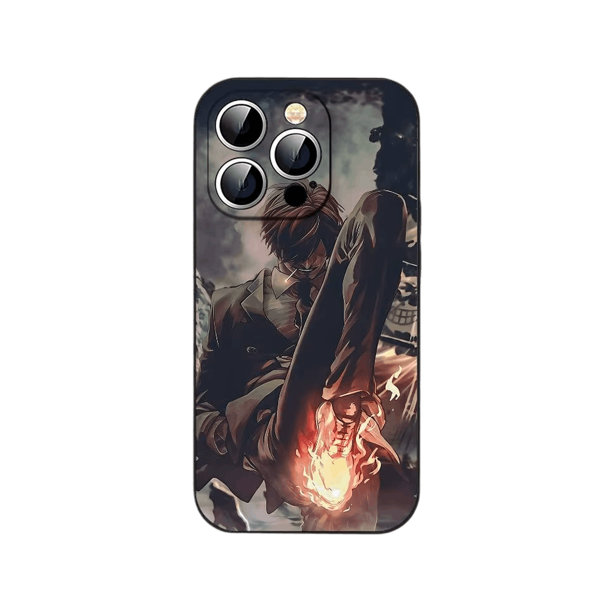 Coque iPhone One Piece illustrant Sanji jambe levée et incandescente sur un fond gris et brumeux