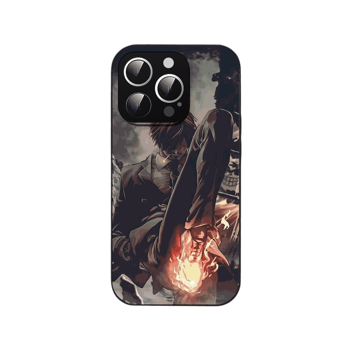 Coque iPhone One Piece illustrant Sanji jambe levée et incandescente sur un fond gris et brumeux