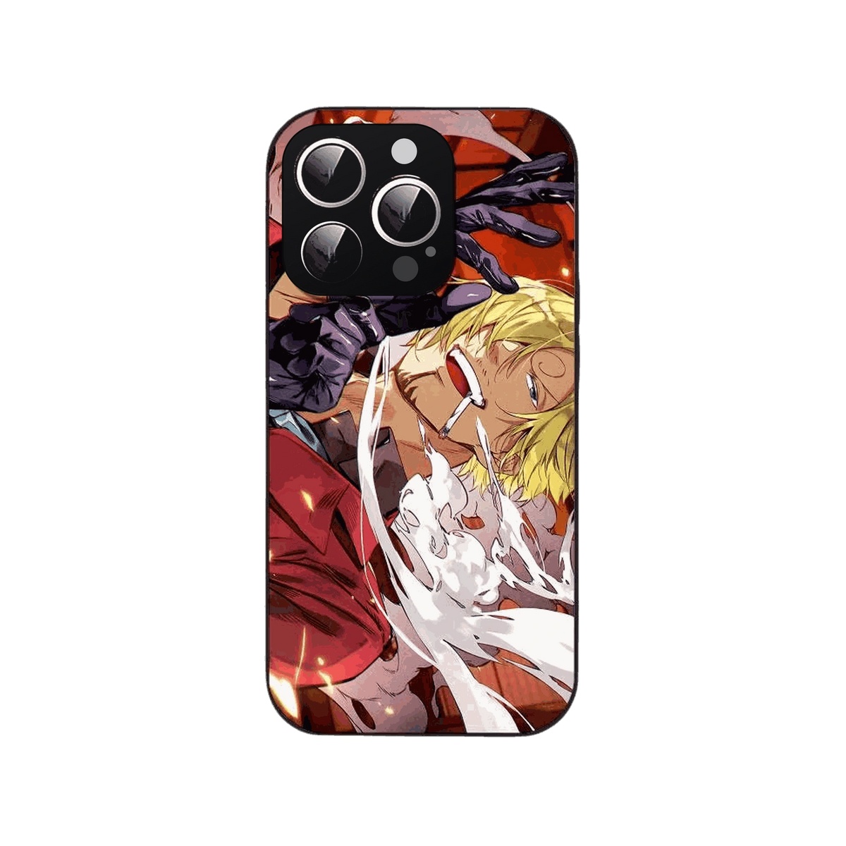Coque iPhone One Piece illustrant Sanji en gros plan avec sa cigarette et des volutes de fumée blanche sur fond rouge