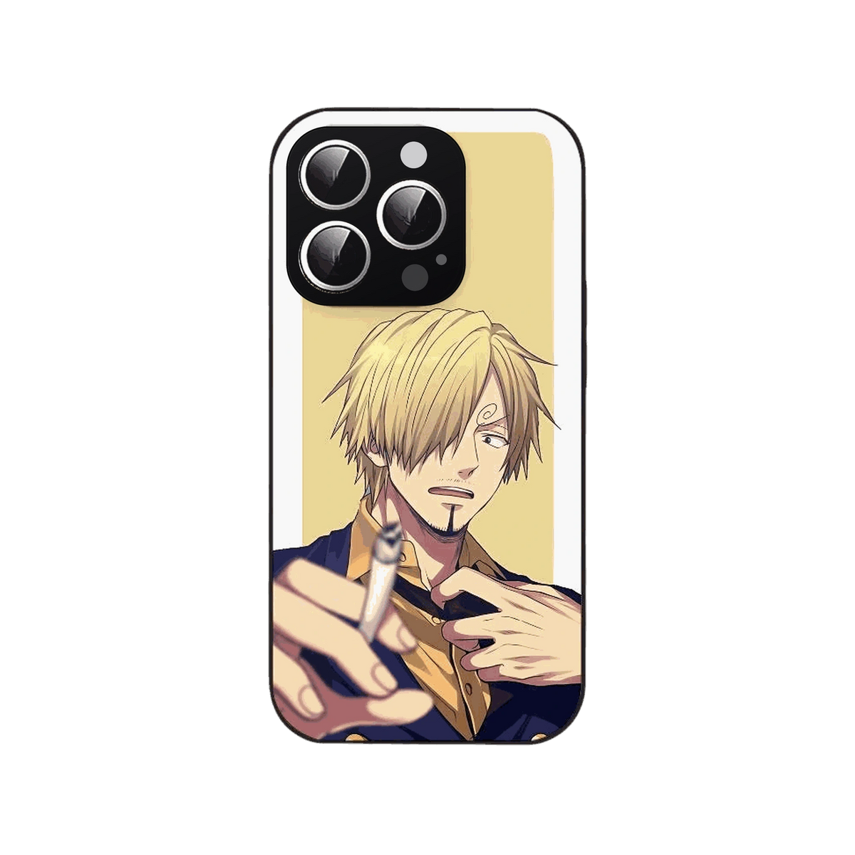 Coque iPhone One Piece illustrant Sanji en gros plan sur un aplat jaune pâle bordé de blanc