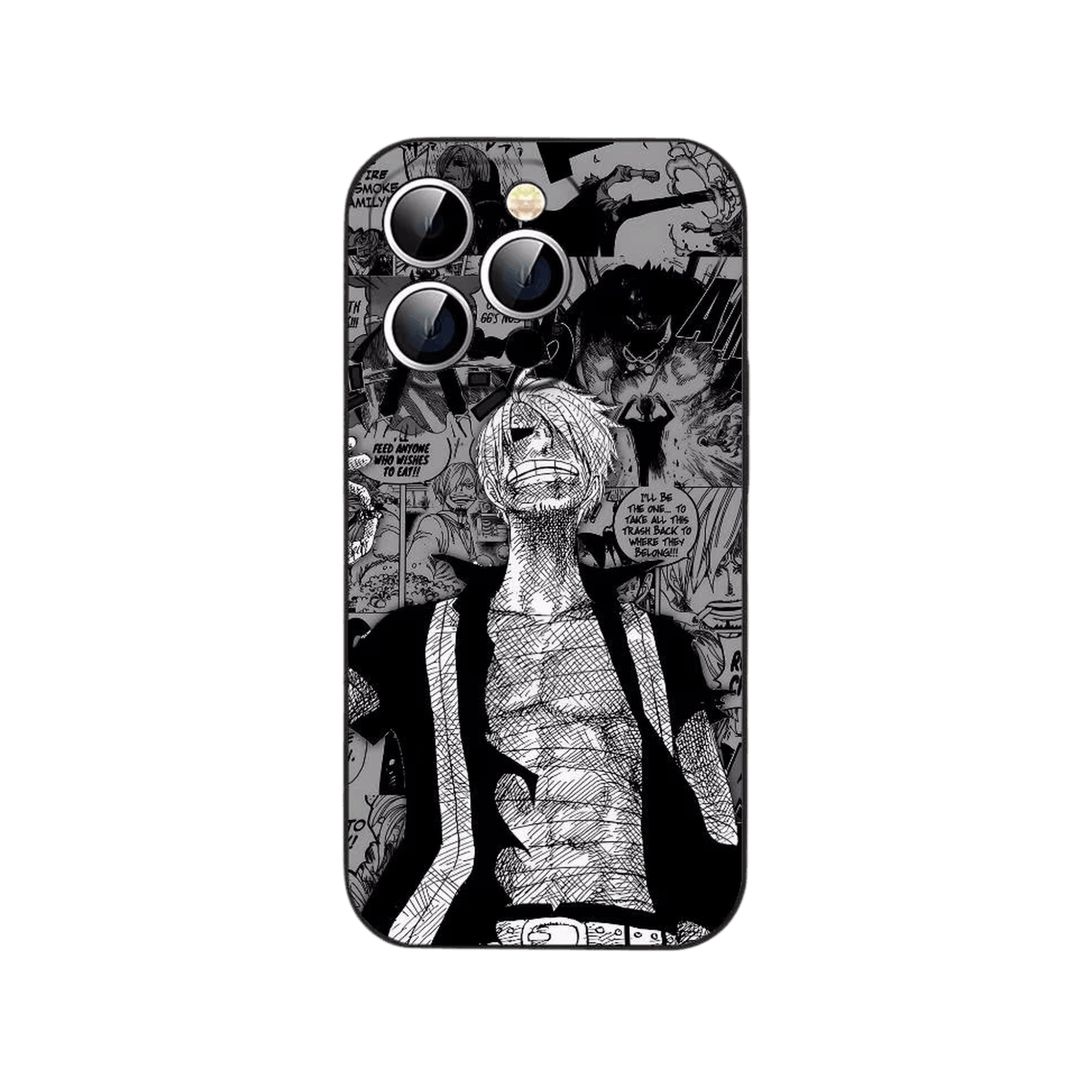 Coque iPhone One Piece illustrant Sanji debout en noir et blanc sur un fond de cases de manga