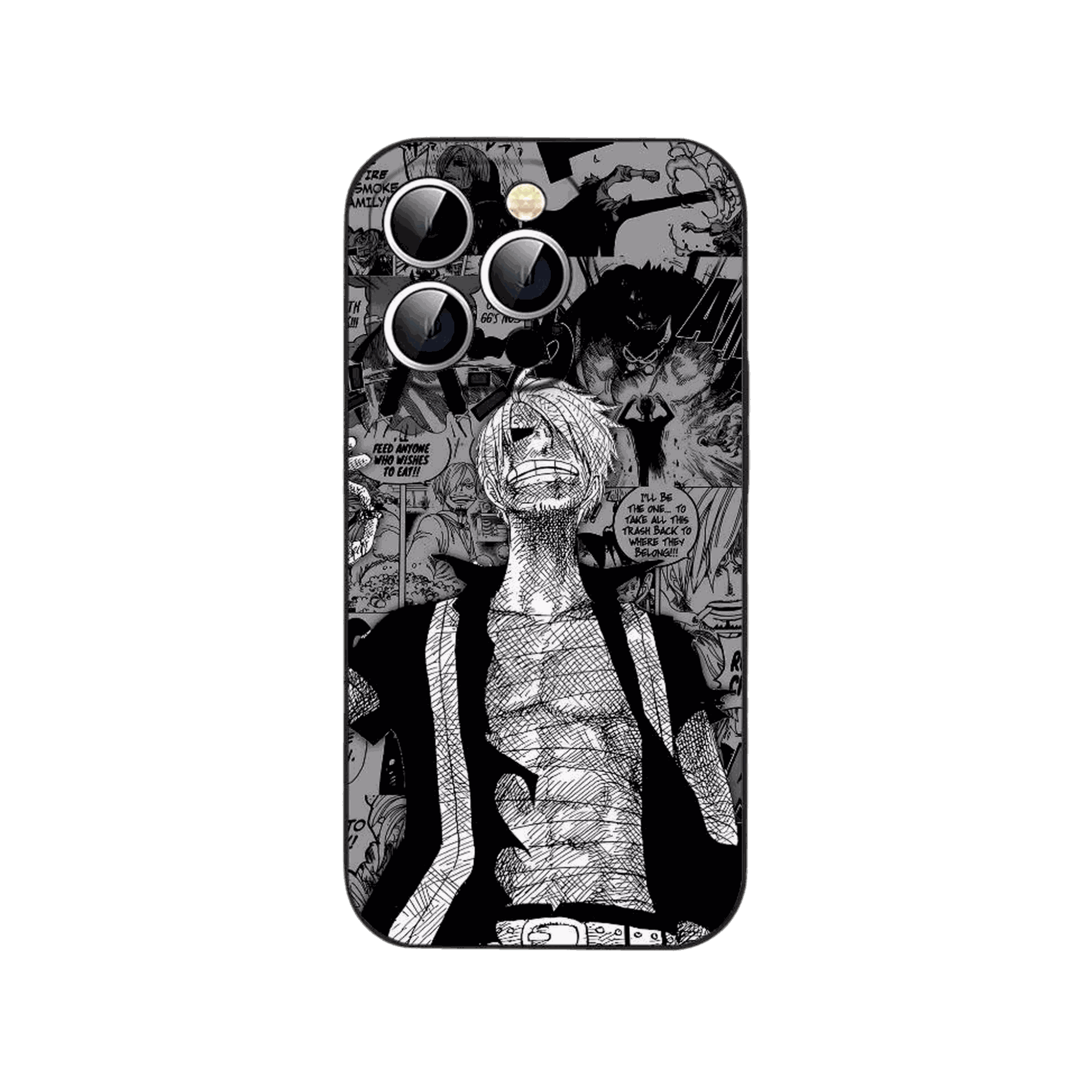 Coque iPhone One Piece illustrant Sanji debout en noir et blanc sur un fond de cases de manga