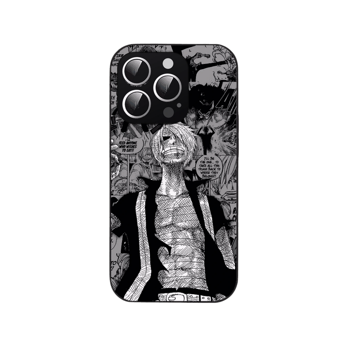 Coque iPhone One Piece illustrant Sanji debout en noir et blanc sur un fond de cases de manga