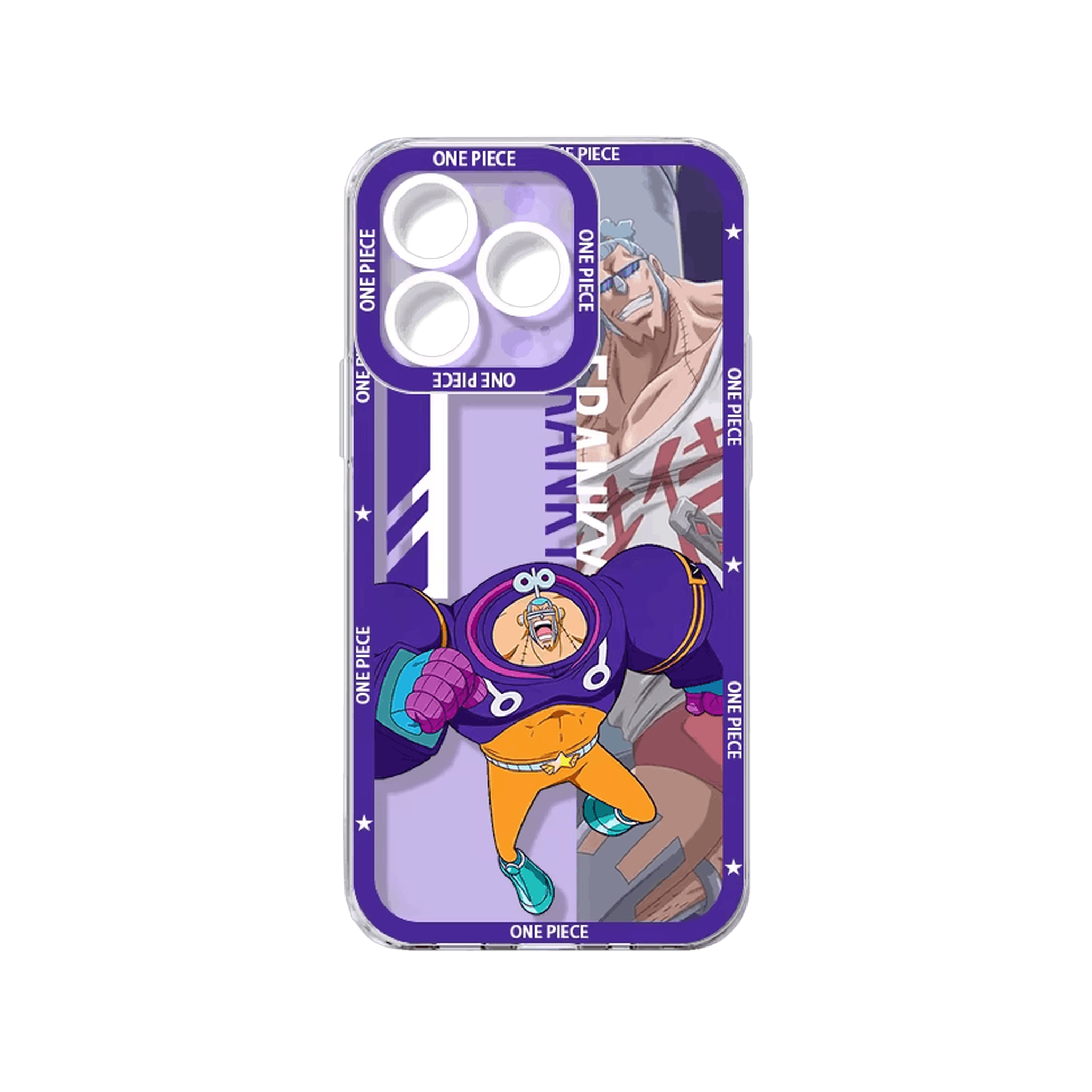 Coque iPhone One Piece de la série Équipage illustrant Franky sur un panneau violet avec son nom en vertical