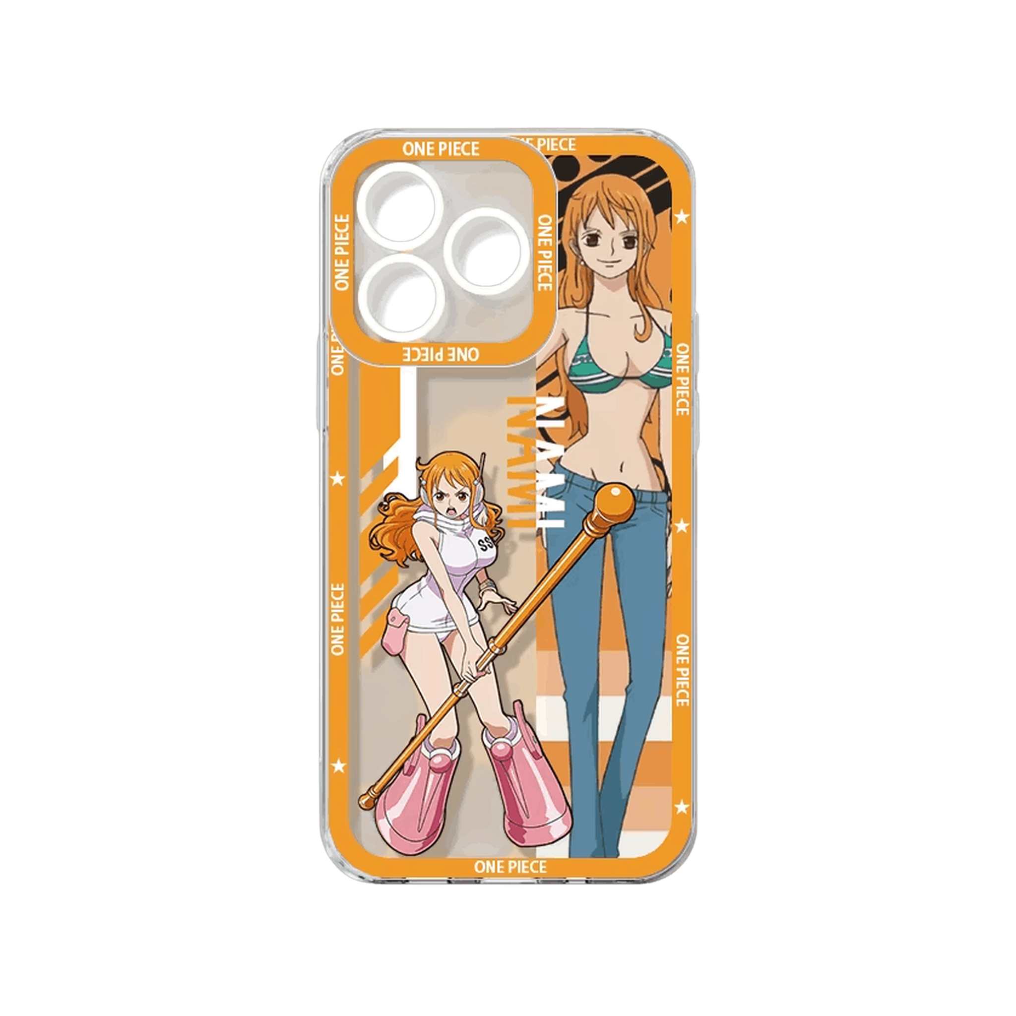 Coque iPhone One Piece de la série Équipage illustrant Nami sur un panneau orange avec son nom en vertical