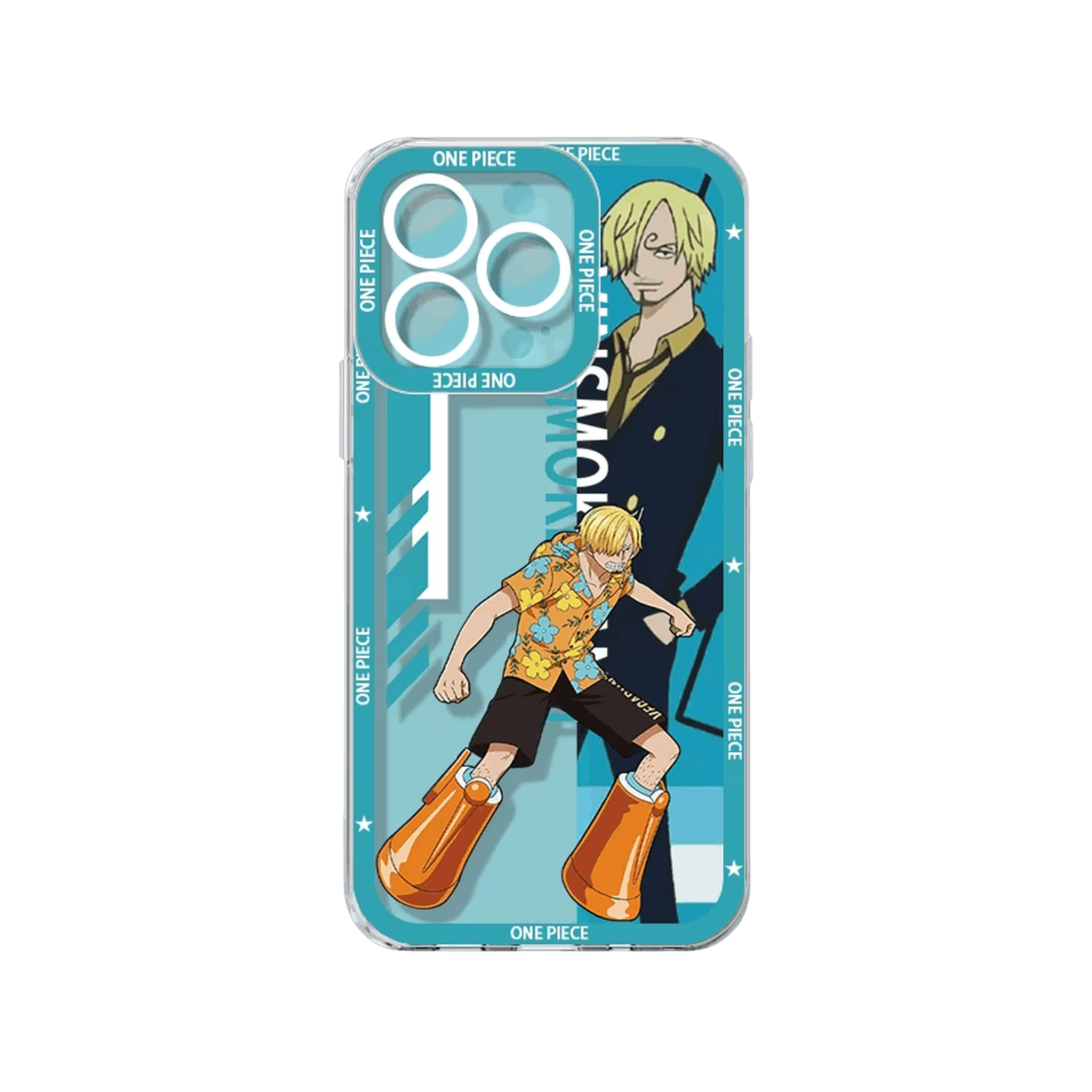 Coque iPhone One Piece de la série Équipage illustrant Sanji sur un panneau cyan avec son nom en vertical
