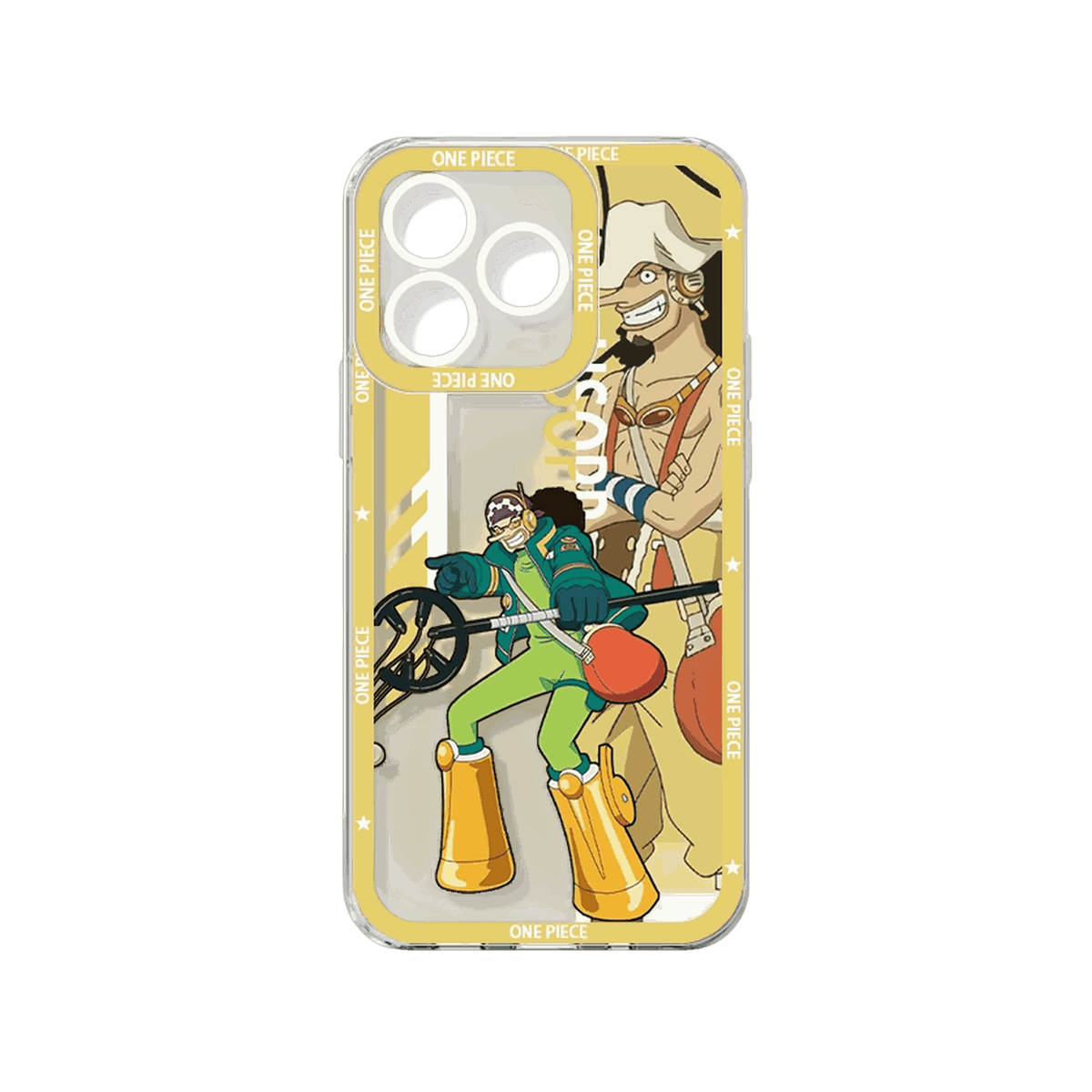 Coque iPhone One Piece de la série Équipage illustrant Usopp sur un panneau jaune avec son nom en vertical