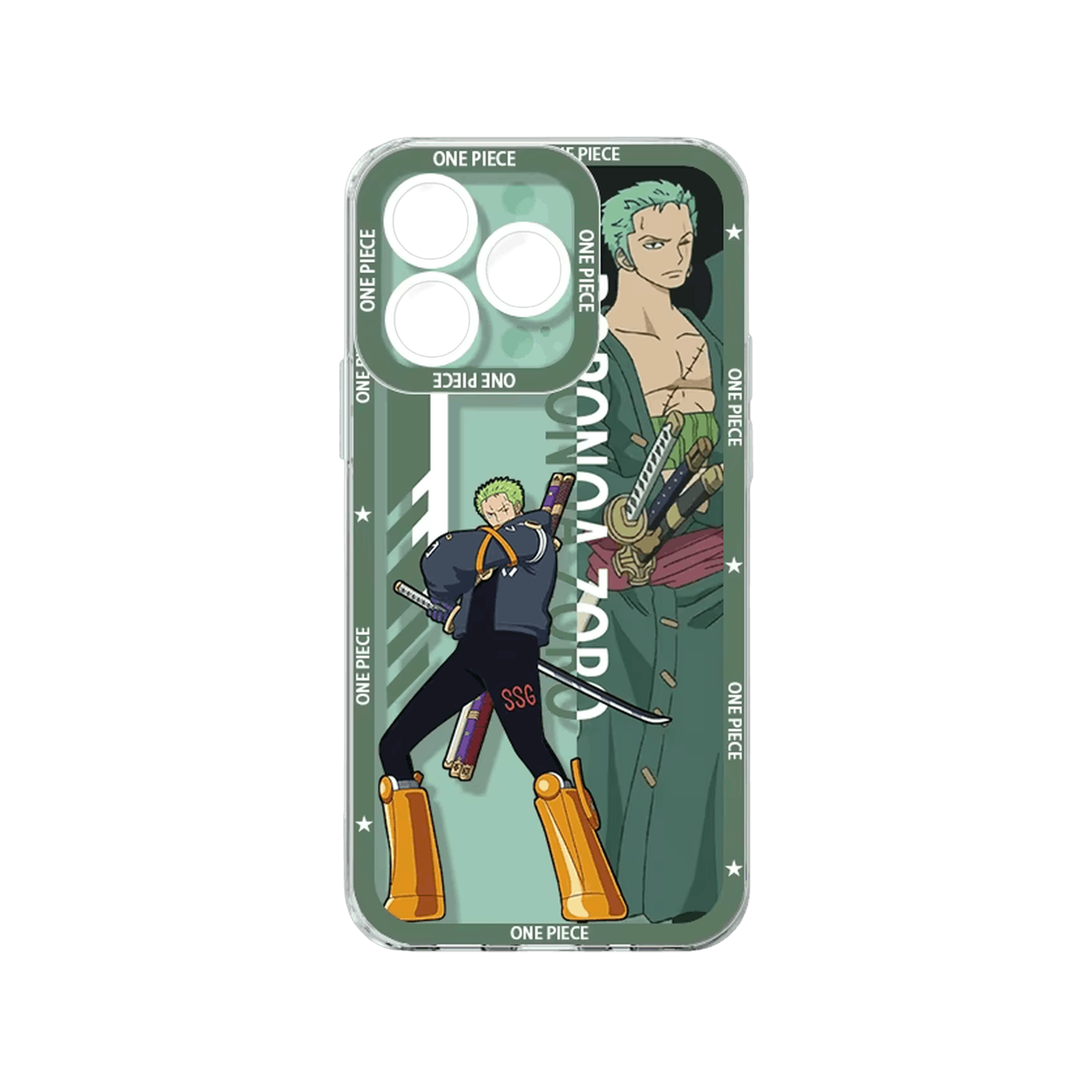Coque iPhone One Piece de la série Équipage illustrant Zoro sur un panneau vert avec son nom en vertical