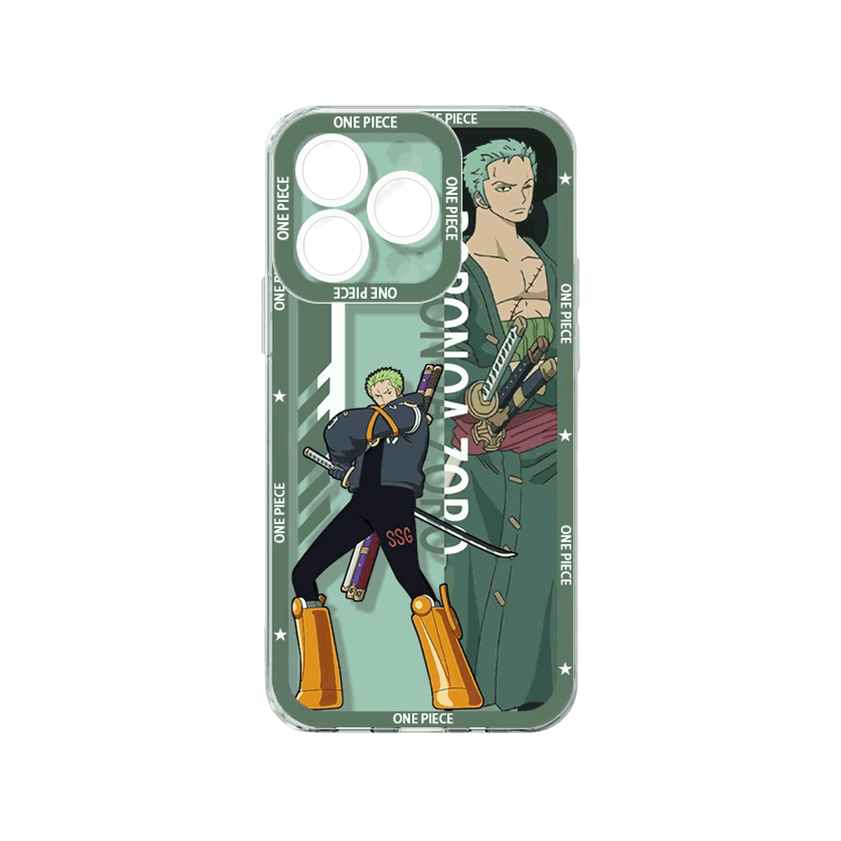 Coque iPhone One Piece de la série Équipage illustrant Zoro sur un panneau vert avec son nom en vertical