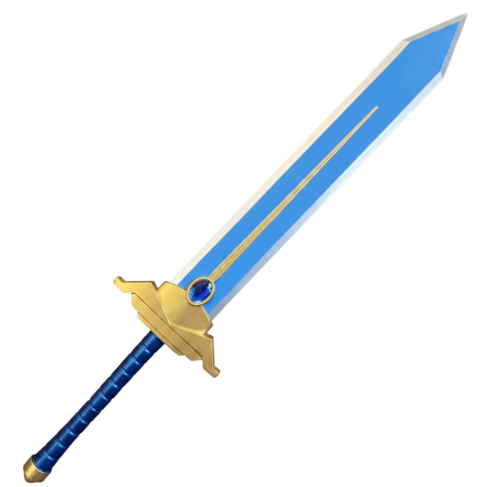 Épée bleue de Frieren détourée sur fond blanc, lame bleue et garde dorée