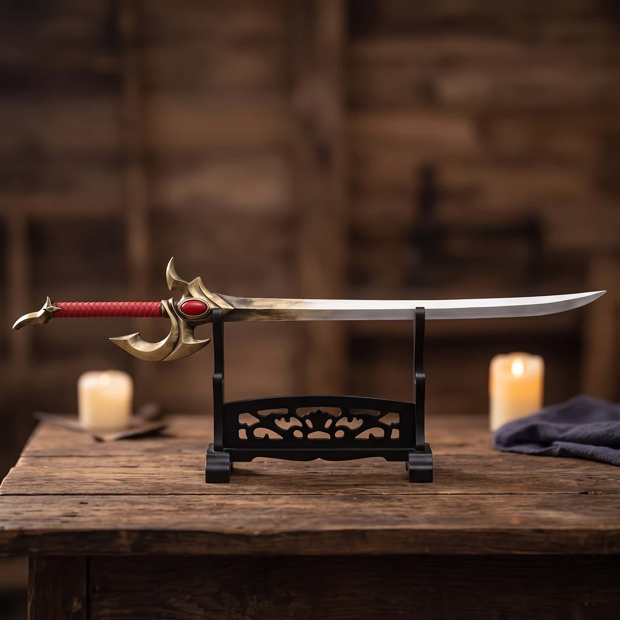 Réplique du sabre du Roi Démon de Solo Leveling, lame courbe claire de 123 cm, garde dorée ouvragée sertie d'une gemme rouge et poignée tressée rouge, sur un présentoir noir