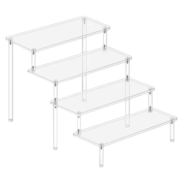 Présentoir escalier en acrylique transparent à quatre niveaux, vu de trois quarts sur fond neutre