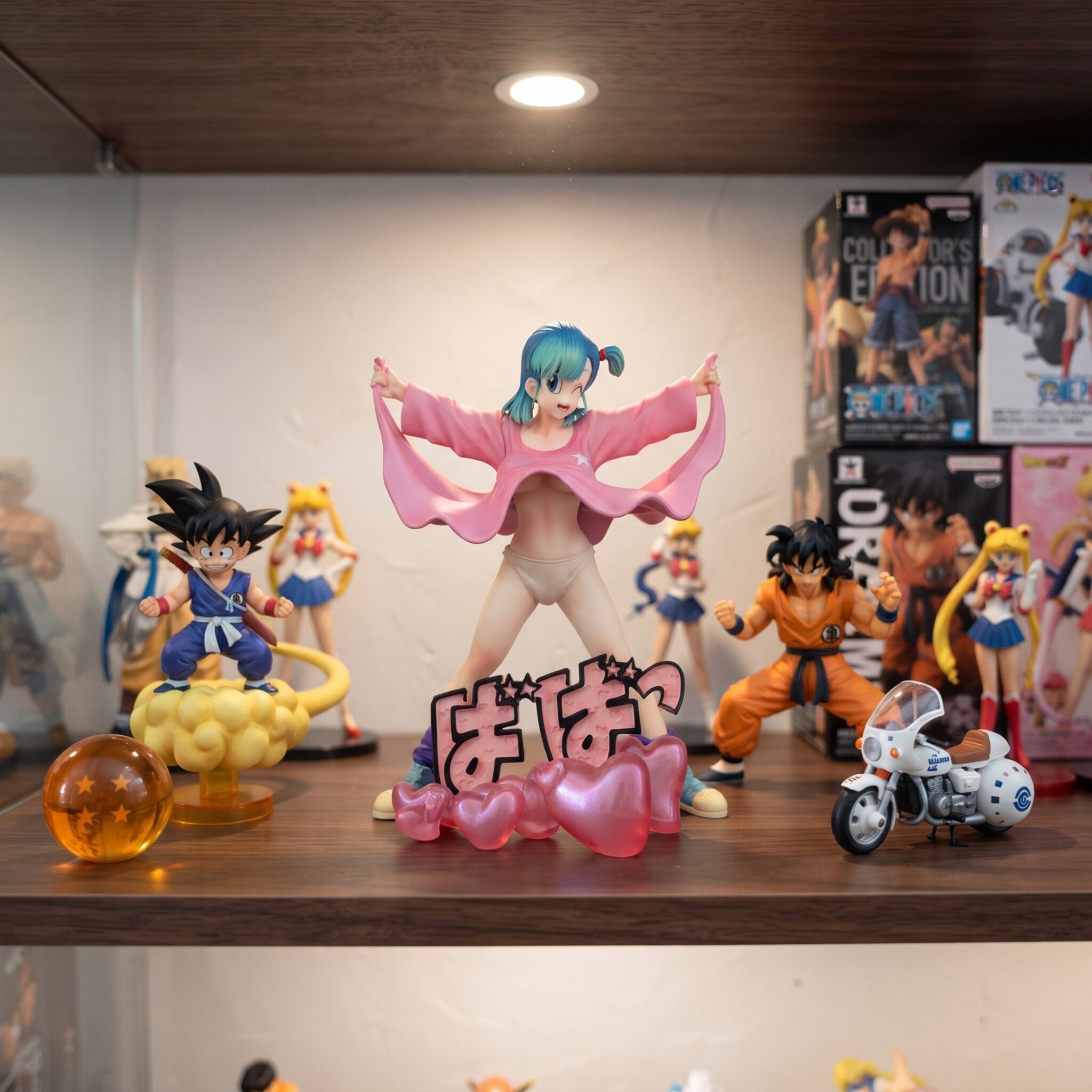 Étagère de collection garnie de figurines d'anime et de manga sous un éclairage chaud