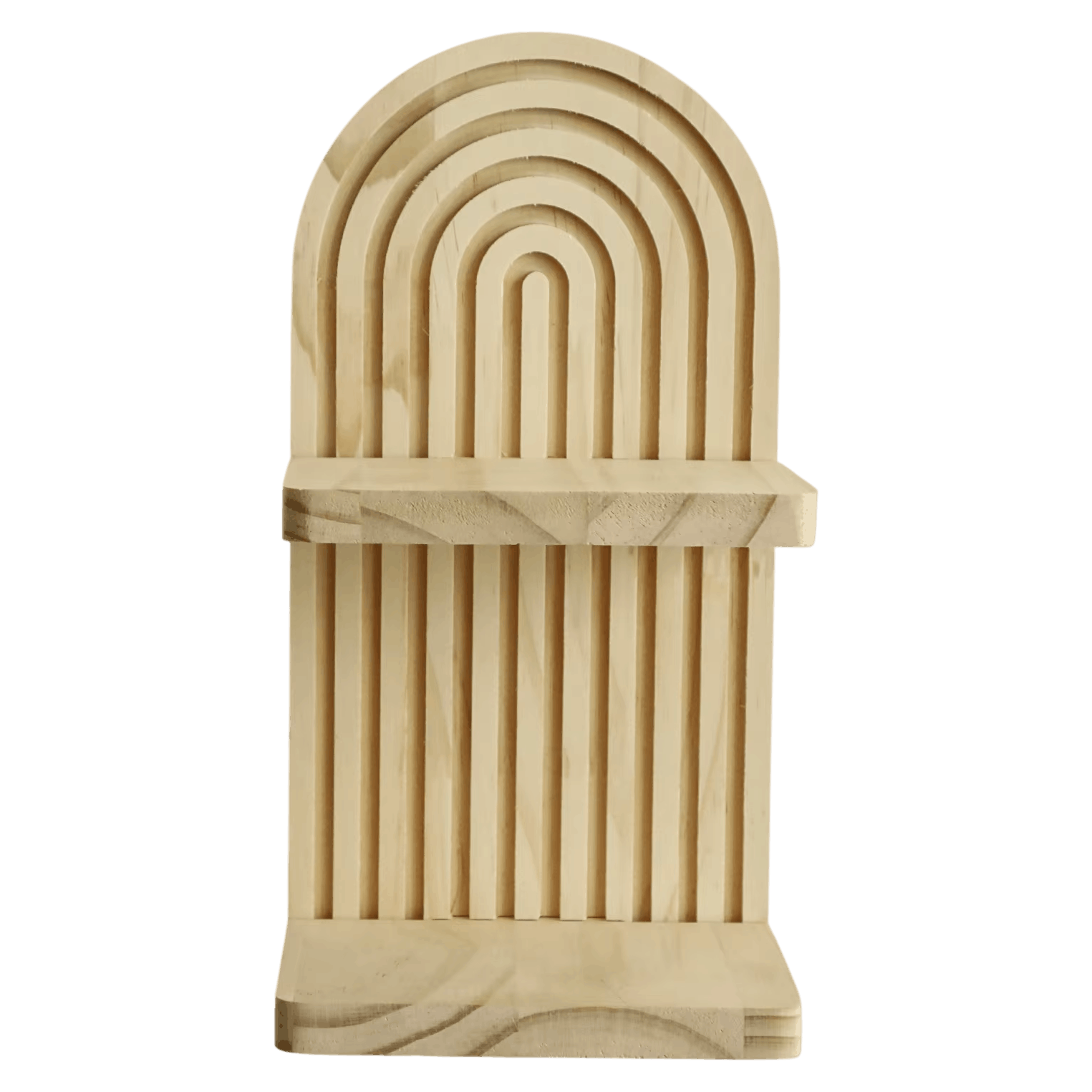 Étagère murale arche en bois clair aux cannelures concentriques, vue de face avec ses deux tablettes