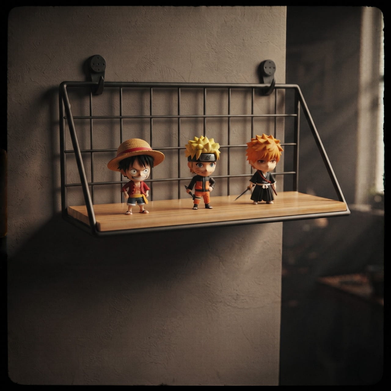 Étagère murale noir en métal et bois fixée au mur, trois figurines chibi posées sur la tablette en bois clair