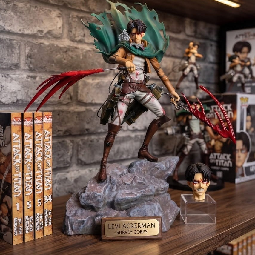 Figurine Livai Levi Ackerman combat cape Attaque des Titans - exposee sur une etagere (decor non inclus)