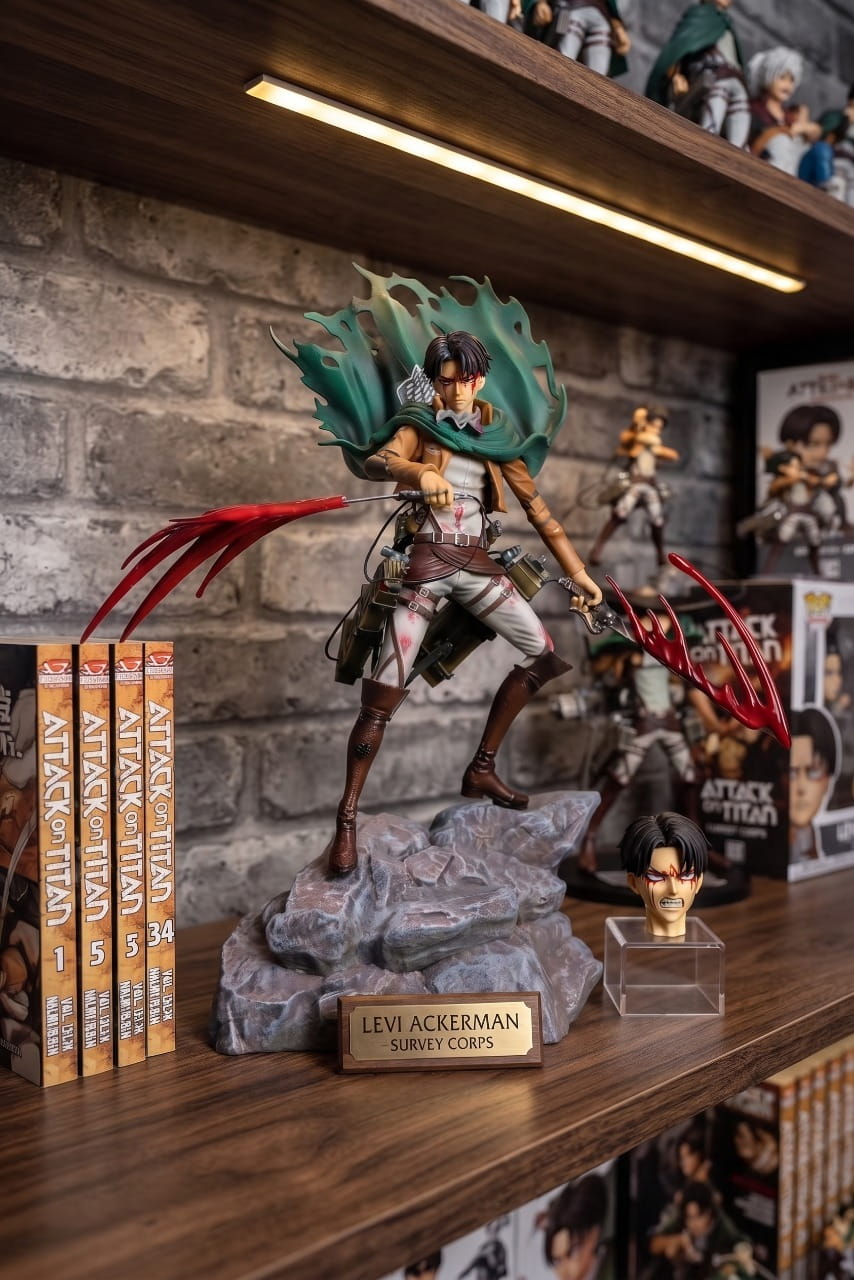 Figurine Livai Levi Ackerman combat cape Attaque des Titans - exposee sur une etagere (decor non inclus)
