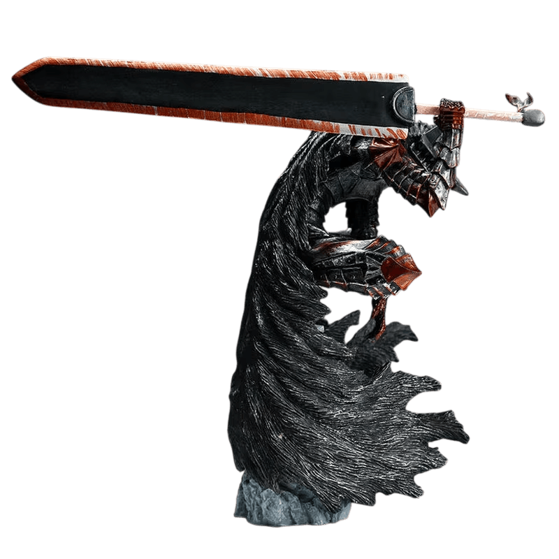 Figurine Guts en Armure usée vue de profil, lame de la Dragonslayer traversant tout le haut de la scène