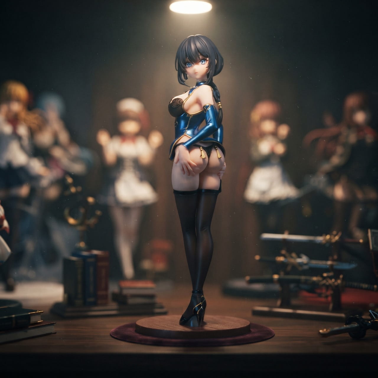Figurine bishoujo en qipao bleu exposée sur une étagère (décor non inclus)