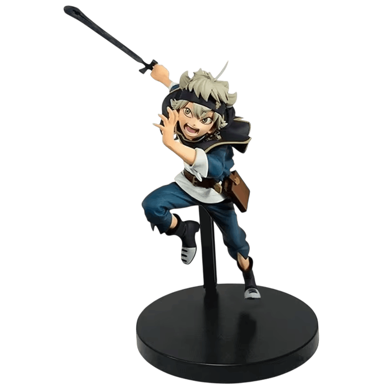 Black Clover Asta figure 16 cm from the front: black headband, spiky greyish white hair, black cloak with gold lapels and a wooden-covered book at the hip