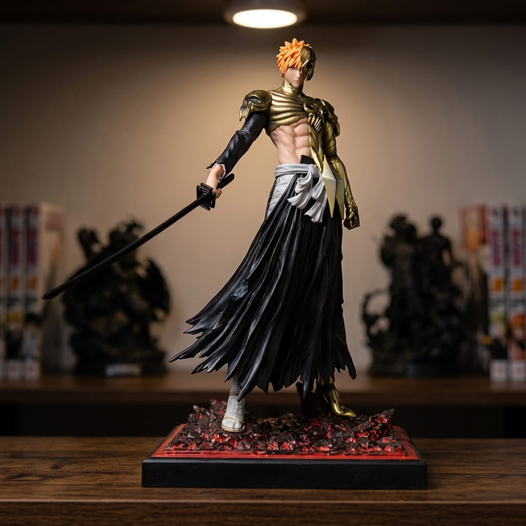 Bleach Ichigo figure 29 cm bare-chested under golden plates, black sword held down, on a base of dark rocks veined with red, on a shelf (decor not included)