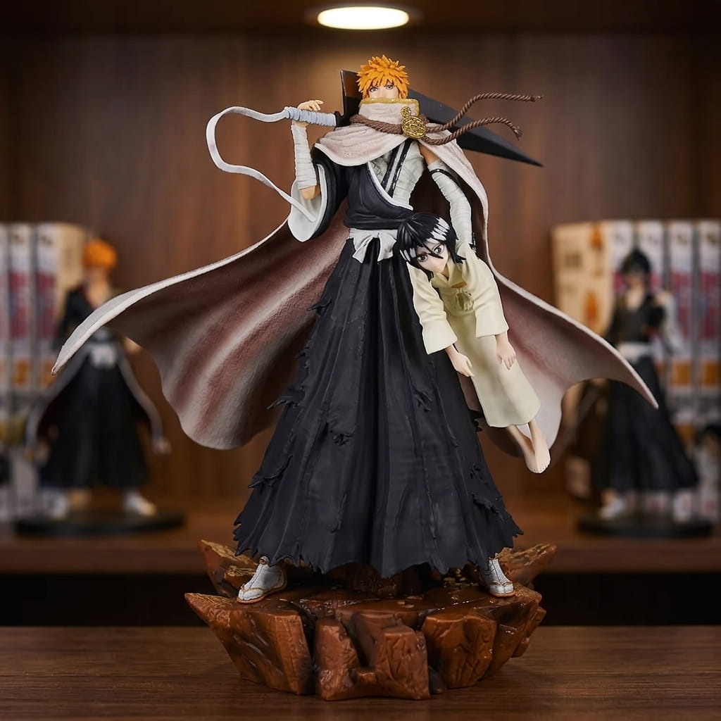 Bleach Ichigo figure 33 cm carrying Rukia in a white kimono, huge pinkish beige cloak spread out and black blade on the shoulder, on a shelf (decor not included)