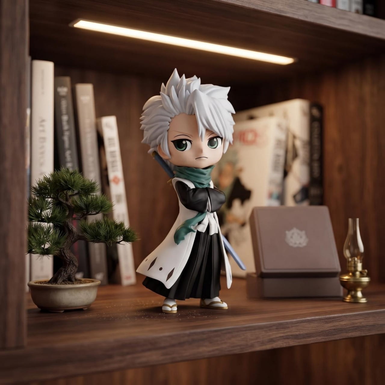 Figurine Bleach Toshiro Hitsugaya en haori de capitaine, exposée sur une étagère (décor non inclus)