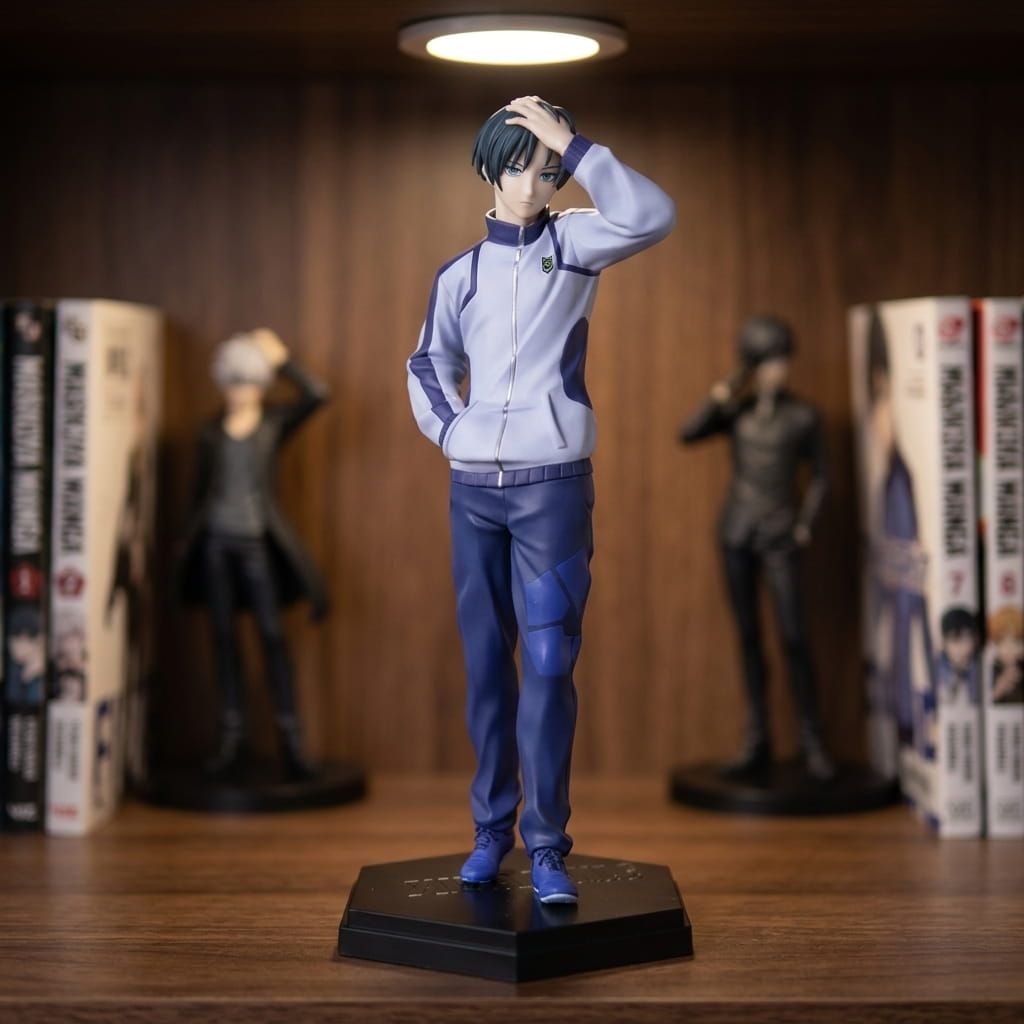 Blue Lock Itoshi Rin figure 19 cm in a pale blue tracksuit, one hand in his hair and the other in a pocket, on a black hexagonal base, on a shelf (decor not included)