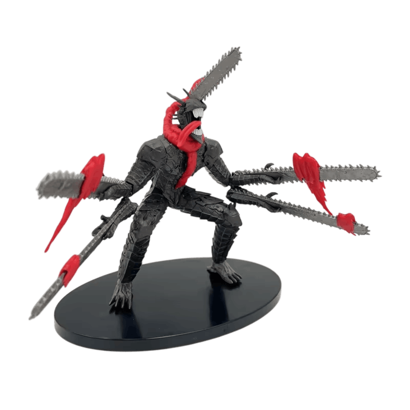 Figurine du Démon Tronçonneuse détourée sur fond blanc, vue de trois quarts, griffes et rouge sang à la naissance des lames