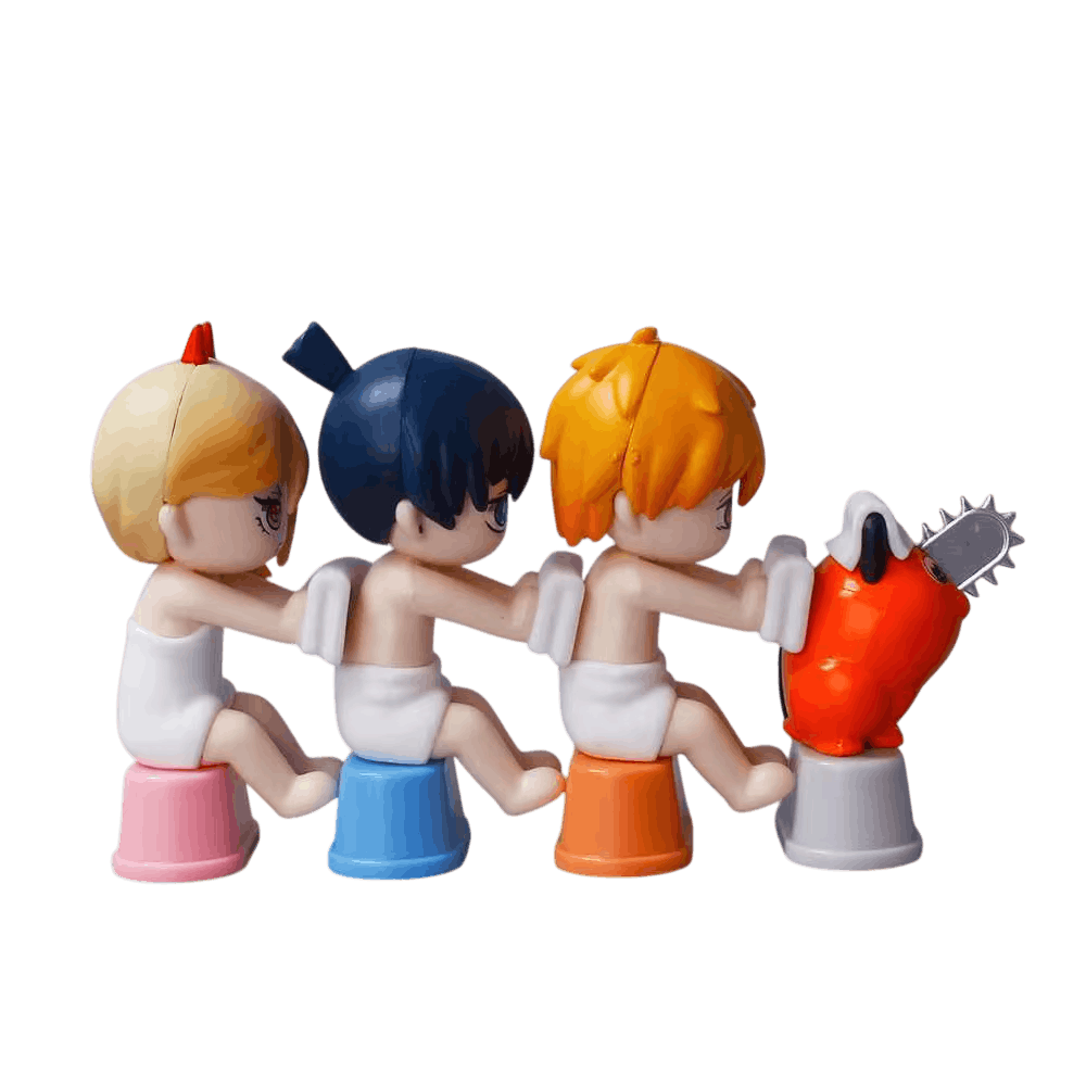 Lot de 4 chibis Chainsaw Man sur leurs tabourets de bain - face