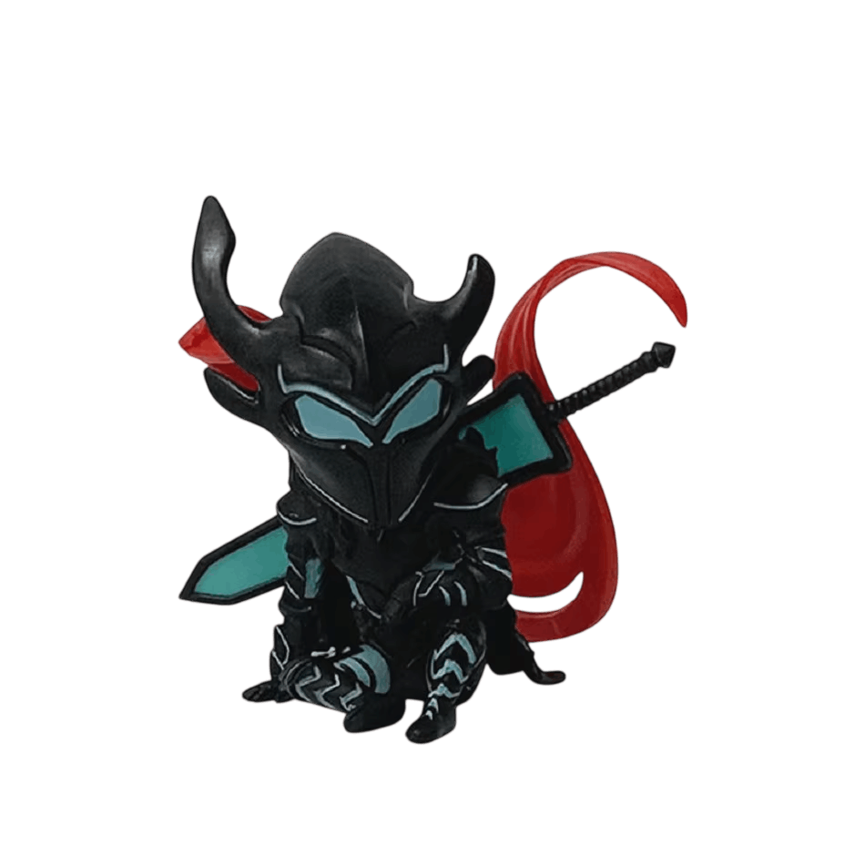 Figurine chibi Igris à l'armure noire cornue, veines turquoise et cape rouge, détourée sur fond blanc