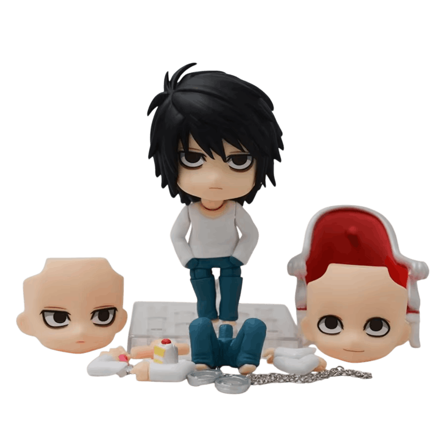 Figurine chibi L Lawliet Death Note avec son fauteuil et ses accessoires - face
