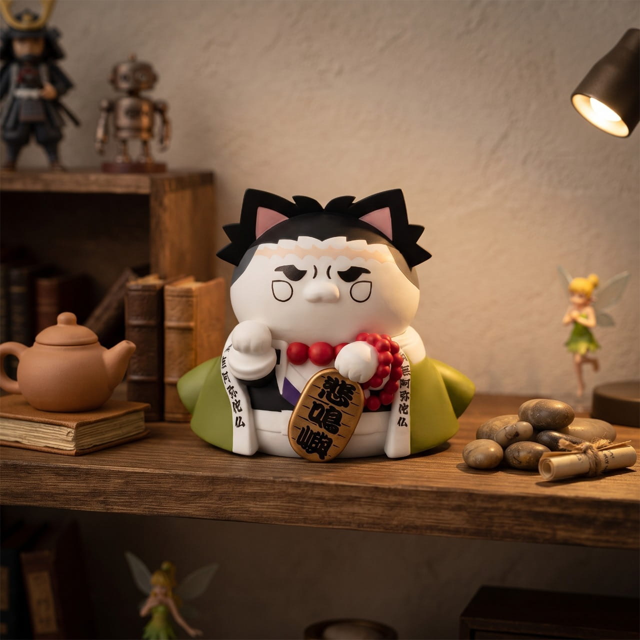 Figurine maneki-neko de Gyomei, chat au chapelet rouge et haori calligraphié, plaque 悲鳴嶼 — Demon Slayer