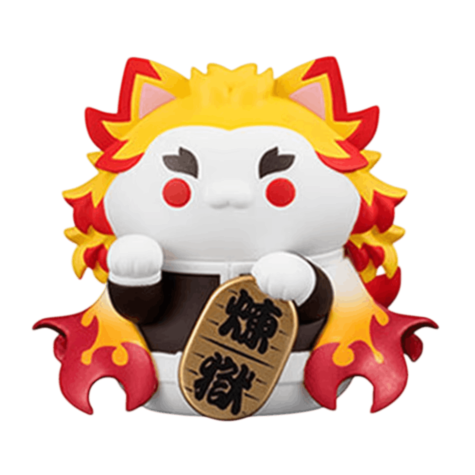 Chat porte-bonheur Rengoku vu de face, haori aux motifs de flammes — Demon Slayer