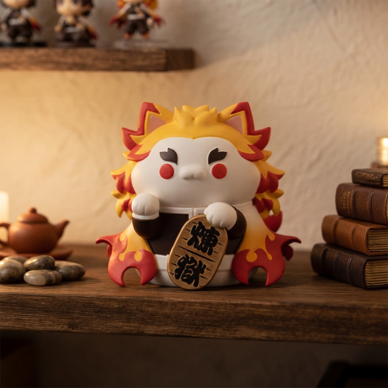 Figurine maneki-neko de Rengoku, chat blanc à crinière de flammes et plaque 煉獄 — Demon Slayer