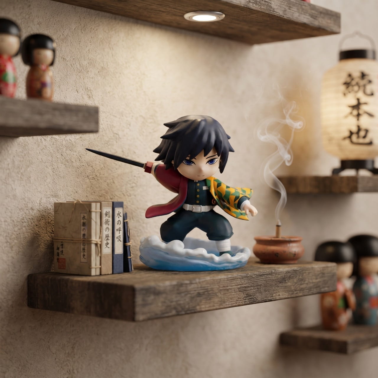 Figurine chibi Giyu Tomioka — haori bicolore bordeaux et damier vert — Demon Slayer, étagère (décor non inclus)