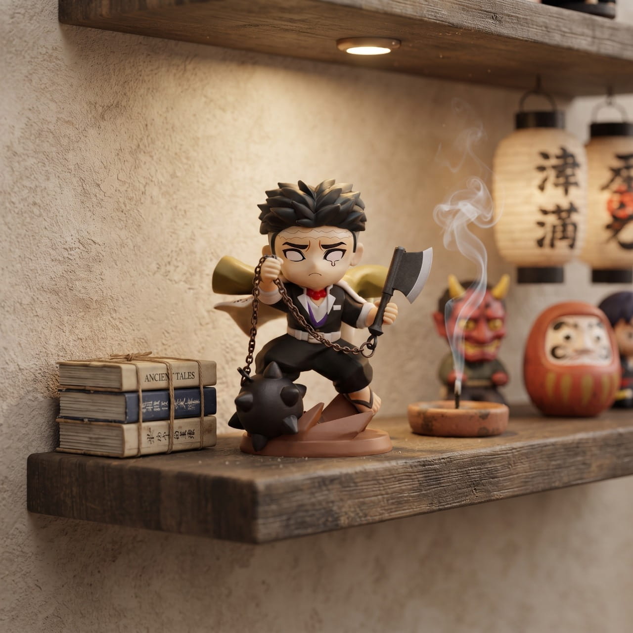 Figurine chibi Gyomei Himejima — hache dans une main, larmes sculptées — Demon Slayer, étagère (décor non inclus)