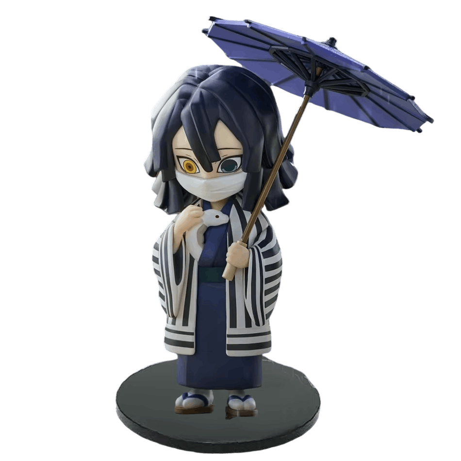 Figurine Demon Slayer Iguro Obanai en yukata rayé et son ombrelle - face