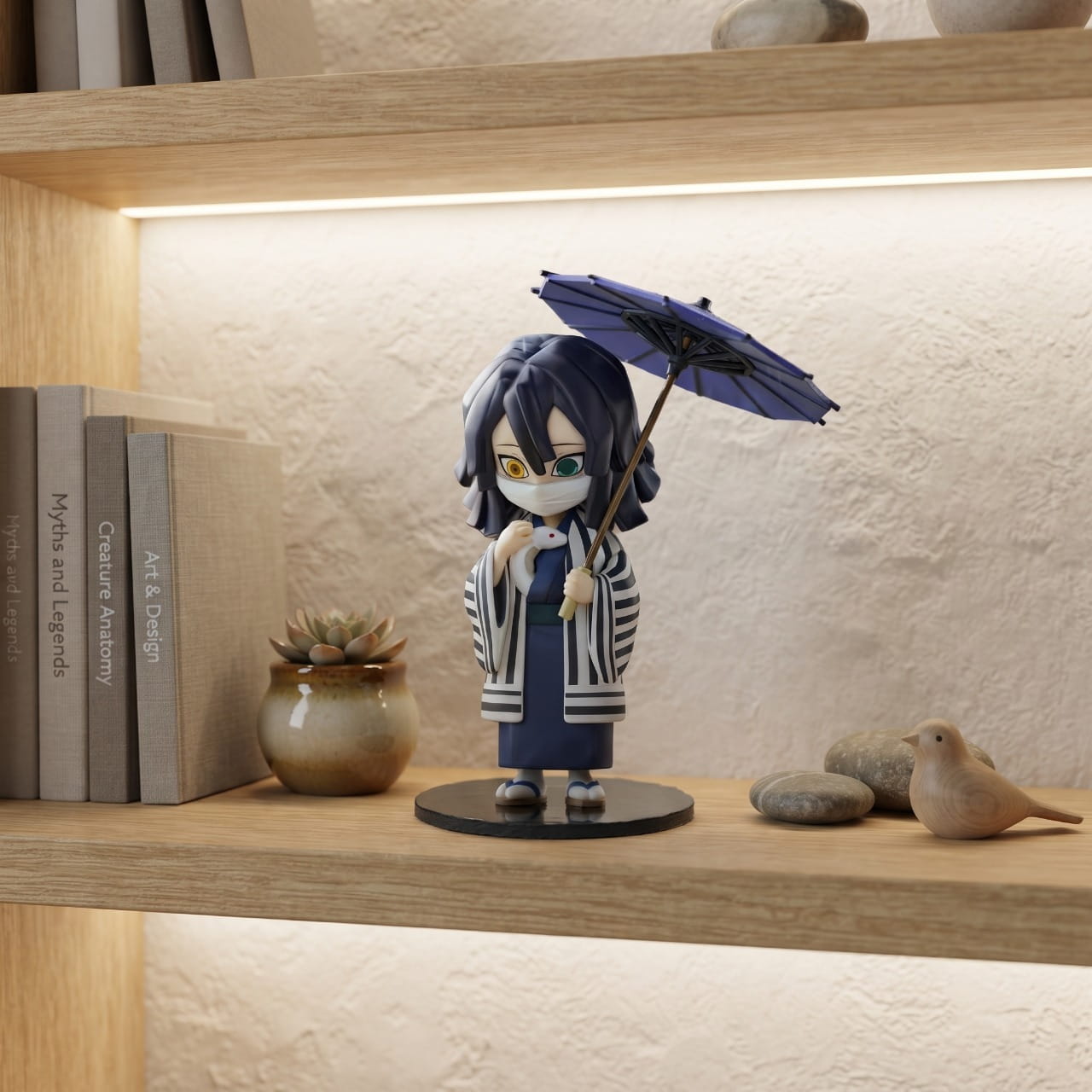 Figurine Iguro Obanai en yukata avec son serpent et son ombrelle, exposée sur une étagère (décor non inclus)